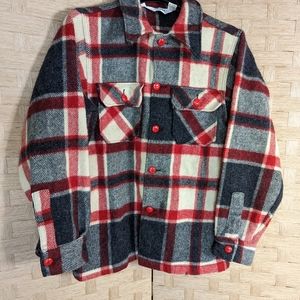 Vintage Woolrich Medium Red Black Jacket Wool Plaid Front Pocket STAINED ON BACK